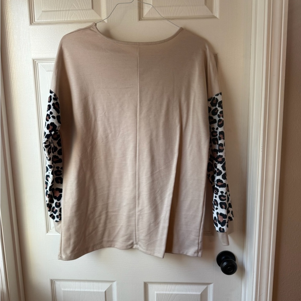 Beige Top with Leopard Print Sleeves